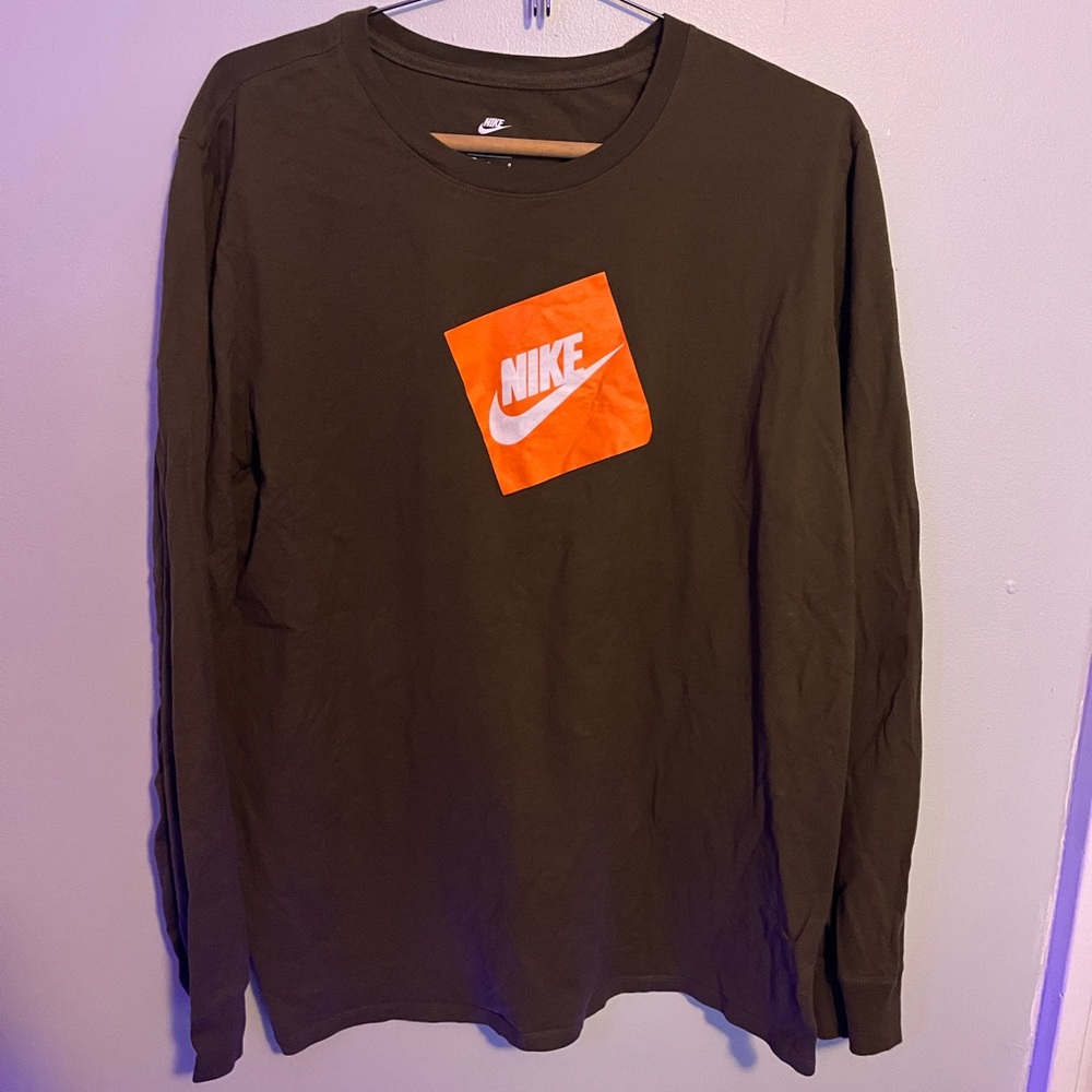 Mens Large Nike Olive Green Orange Long Sleeve Logo Shirt
